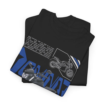 Premium Dominar 400 men’s T-shirt stacked elegantly, featuring a captivating motorcycle graphic and sleek design elements in blue against a classic black background.