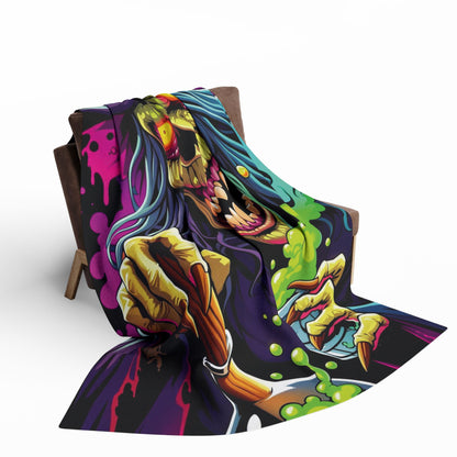 Exquisite Decorative and Warm Halloween Spooky Arctic Fleece Blanket displayed on a modern armchair, combining luxury with Halloween spirit for the perfect seasonal accessory