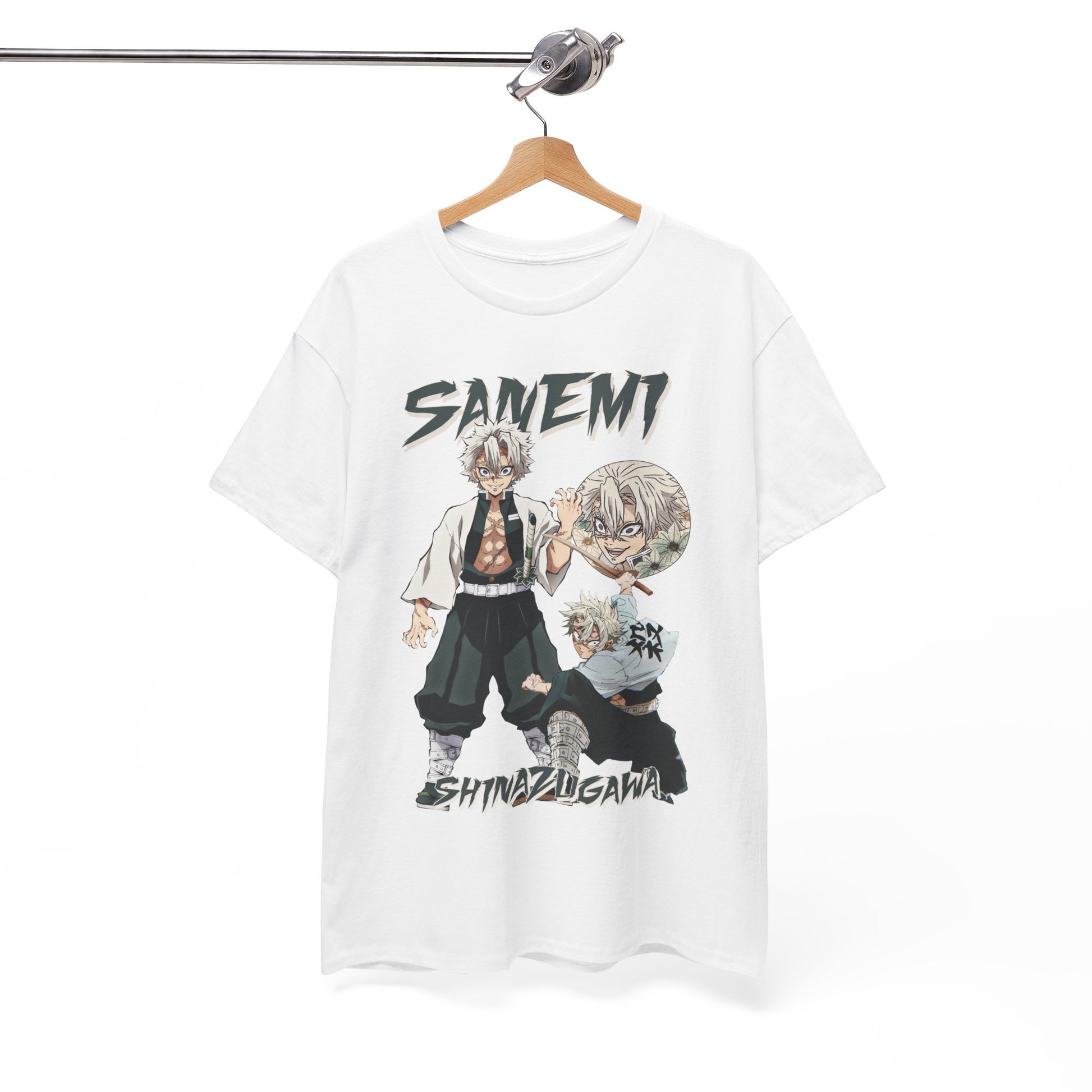 Showcase of Sanemi Shinazugawa T-shirt featuring an exquisite full-body illustration of the character in an action pose, elegantly displayed on a hanger.