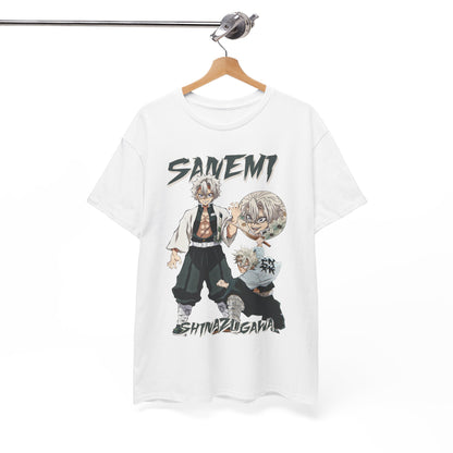 Showcase of Sanemi Shinazugawa T-shirt featuring an exquisite full-body illustration of the character in an action pose, elegantly displayed on a hanger.