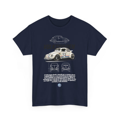 Elegant navy blue men's t-shirt featuring a classic Volkswagen Beetle design, showcasing the iconic Herbie 53 with detailed automotive illustrations and multilingual text, perfect for car enthusiasts and collectors.