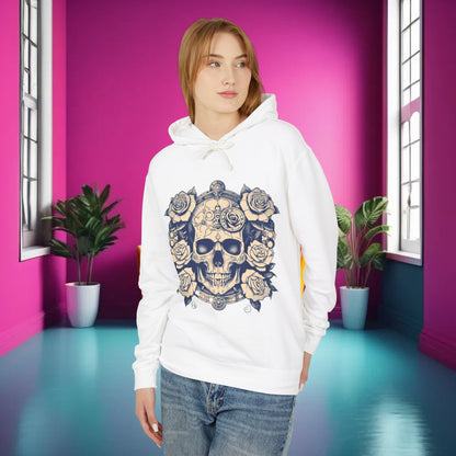 Luxury Steampunk Skull and Roses Lightweight Hoodie displayed by a model in a modern interior, showcasing edgy designer style.