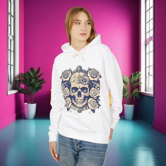 Steampunk Skull and Roses Lightweight Hoodie, Unisex Edgy Designer Sweatshirt