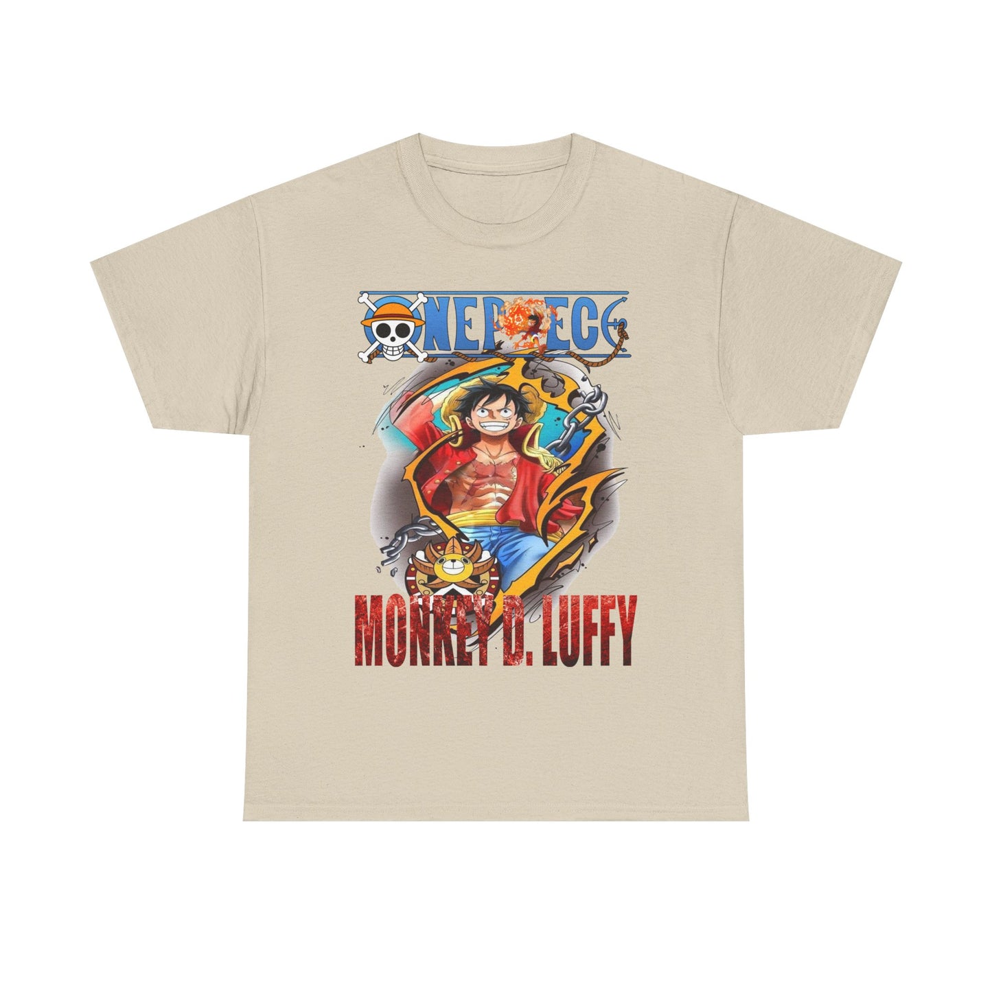 Sofisticated Monkey D. Luffy T-Shirt in a stylish beige shade, highlighted with a vivid print of the iconic anime character, suitable for both casual and luxurious wear.