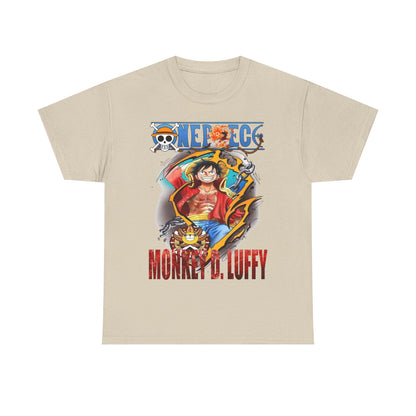 Sofisticated Monkey D. Luffy T-Shirt in a stylish beige shade, highlighted with a vivid print of the iconic anime character, suitable for both casual and luxurious wear.