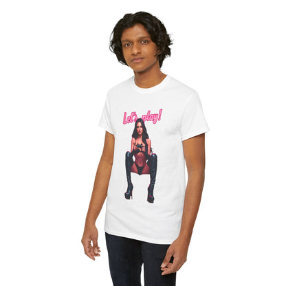 Luxury unisex t-shirt in white with striking 'Let's play!' design, showcasing a bold gamer aesthetic for fashion-forward individuals.