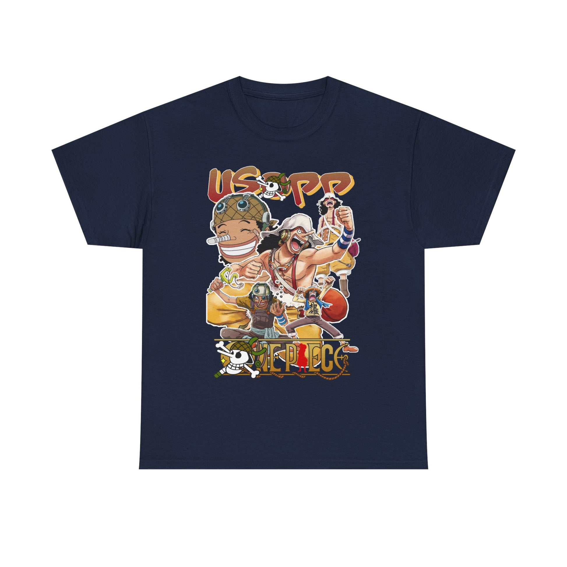 Sophisticated navy anime manga t-shirt featuring a captivating assembly of characters, highlighted by Usopp, designed for those wishing to express their love for anime fashionably.