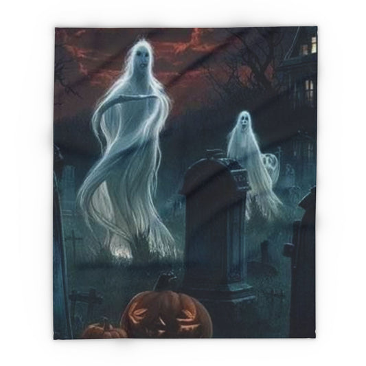 Elegant Decorative and Warm Halloween Spooky Arctic Fleece Blanket showcasing ethereal ghosts amidst a hauntingly beautiful graveyard, perfect for festive home decor.