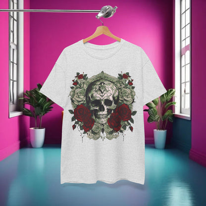 Front view of the elegant Skulls and Roses Cotton Tee, featuring a striking graphic design of a skull surrounded by roses, perfect for alternative fashion enthusiasts.
