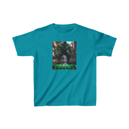 Kids Heavy Cotton Incredible Hulk T-Shirt in vibrant teal, featuring a bold Hulk graphic, perfect for budding superheroes.
