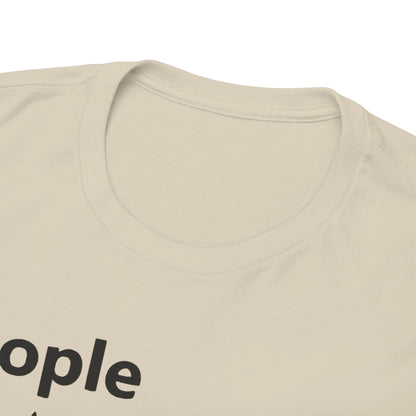Close-up view of a high-quality beige t-shirt's neckline, featuring the bold 'People' design with a distinctive star rating, highlighting premium craftsmanship.