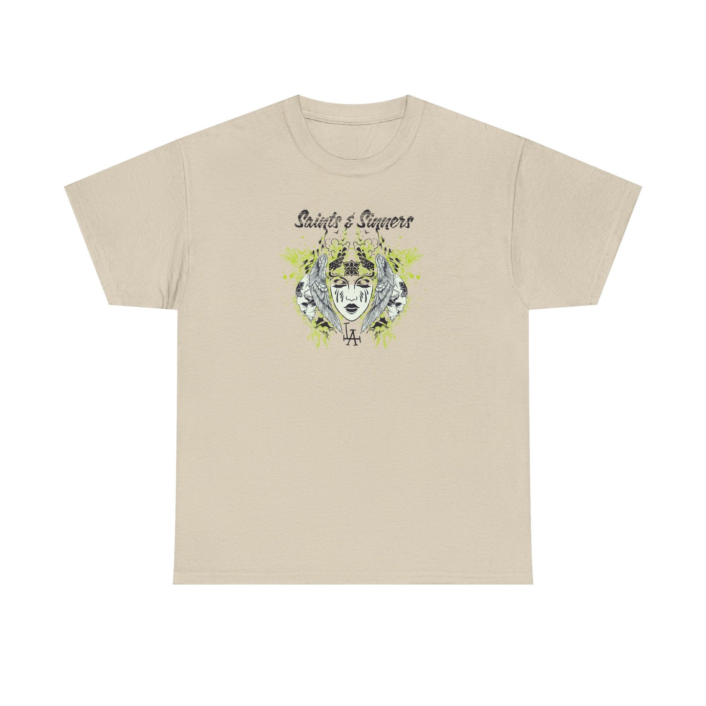 Sophisticated gothic men's t-shirt in beige, displaying a mesmerising 'Saints & Sinners' design with ornate floral patterns and gothic elements, merging style with artistry.
