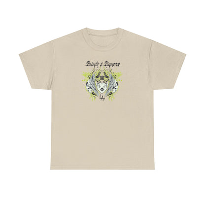 Sophisticated gothic men's t-shirt in beige, displaying a mesmerising 'Saints & Sinners' design with ornate floral patterns and gothic elements, merging style with artistry.