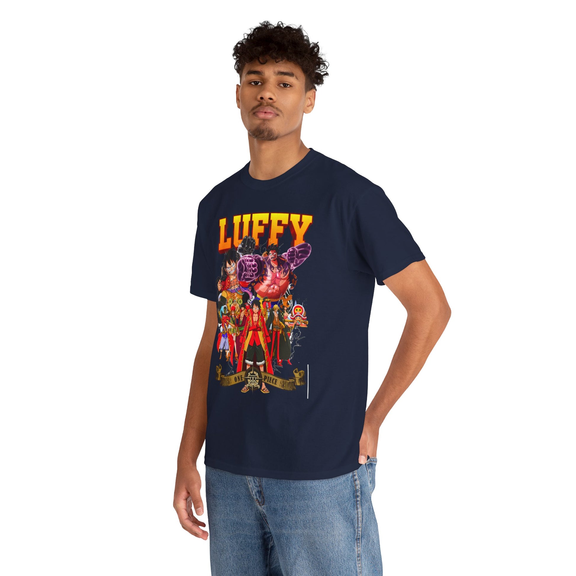 Stylish young man wearing a navy blue Luffy graphic t-shirt, featuring iconic One Piece characters in a bold design.