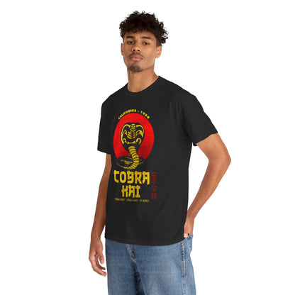 Stylish unisex Cobra Kai graphic T-shirt featuring a striking black design with a snake emblem, perfect for martial arts enthusiasts.