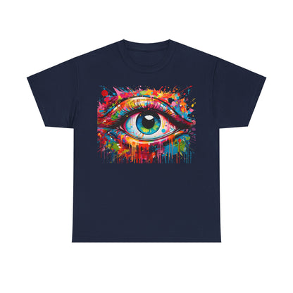 Visionary Drip Graffiti Graphic Unisex T Shirt Tee displayed in navy, featuring a beautifully crafted eye design bursting with vibrant hues and artistic flair, ideal for fashion-forward individuals.