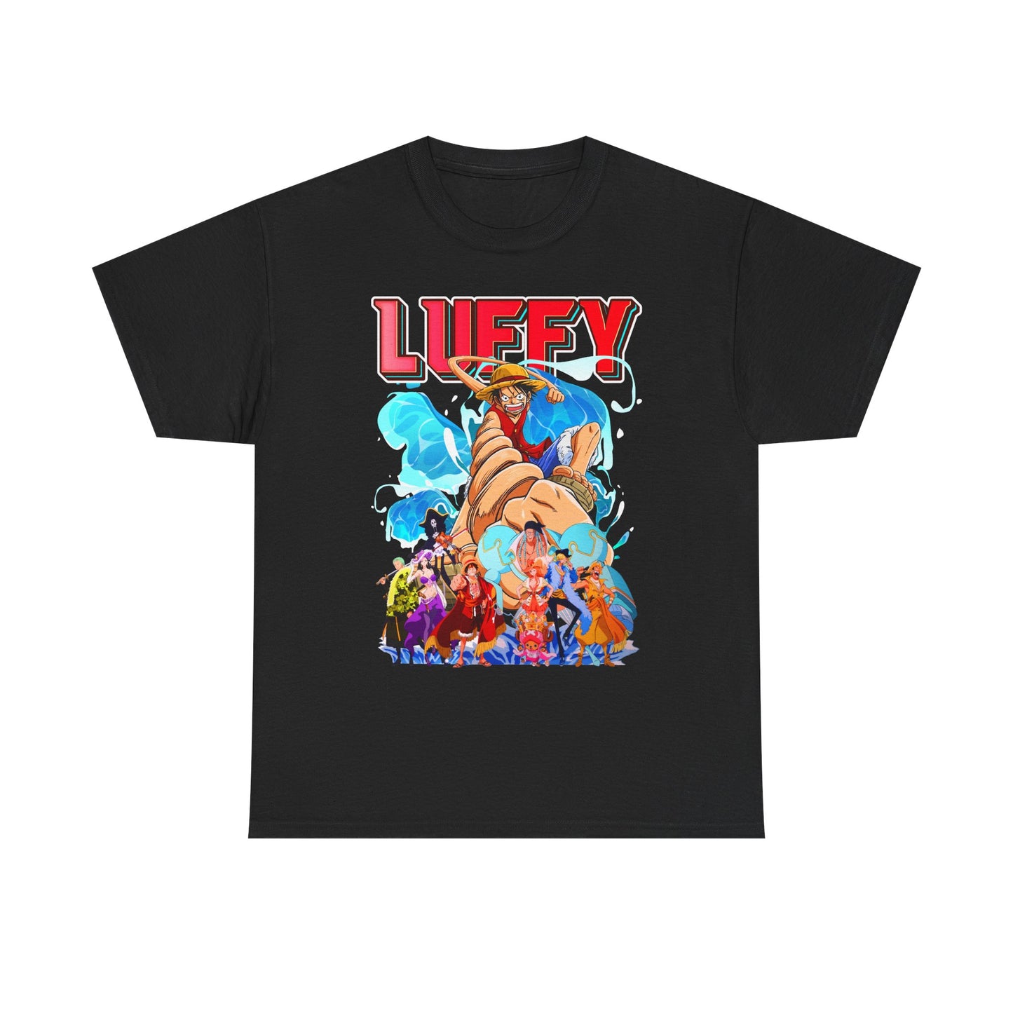 Elegant black men's graphic tee showcasing an eye-catching illustration of Luffy with a playful vibe, perfect for casual outings or lounging.