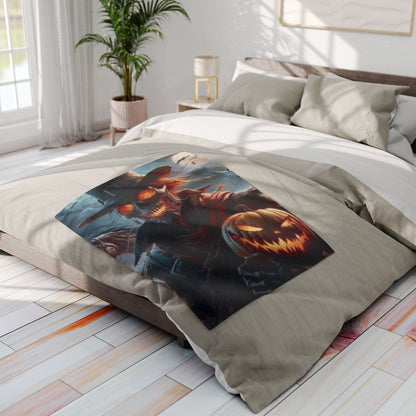 Stylish Decorative and Warm Halloween Spooky Arctic Fleece Blanket on a beautifully made bed, enhancing the bedroom with its seasonal design and luxurious feel.