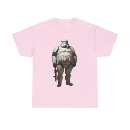 Chubby Stormtrooper Graphic Unisex Tee Shirt in soft pink, showcasing a unique and stylish portrayal of a Stormtrooper, ideal for a chic and whimsical wardrobe.