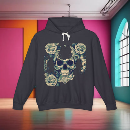 Unisex Lightweight Hooded Sweatshirt featuring unique designer skull and roses artwork, showcased in a modern interior setting.
