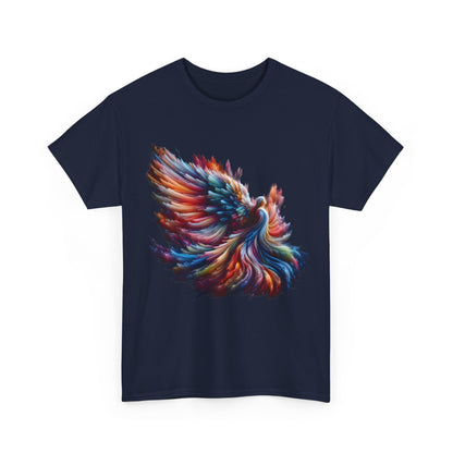 Majestic Angel Graphic Unisex T-Shirt – Vibrant Abstract Art in Premium Cotton, displaying a magnificent front design of a colourful phoenix on navy.