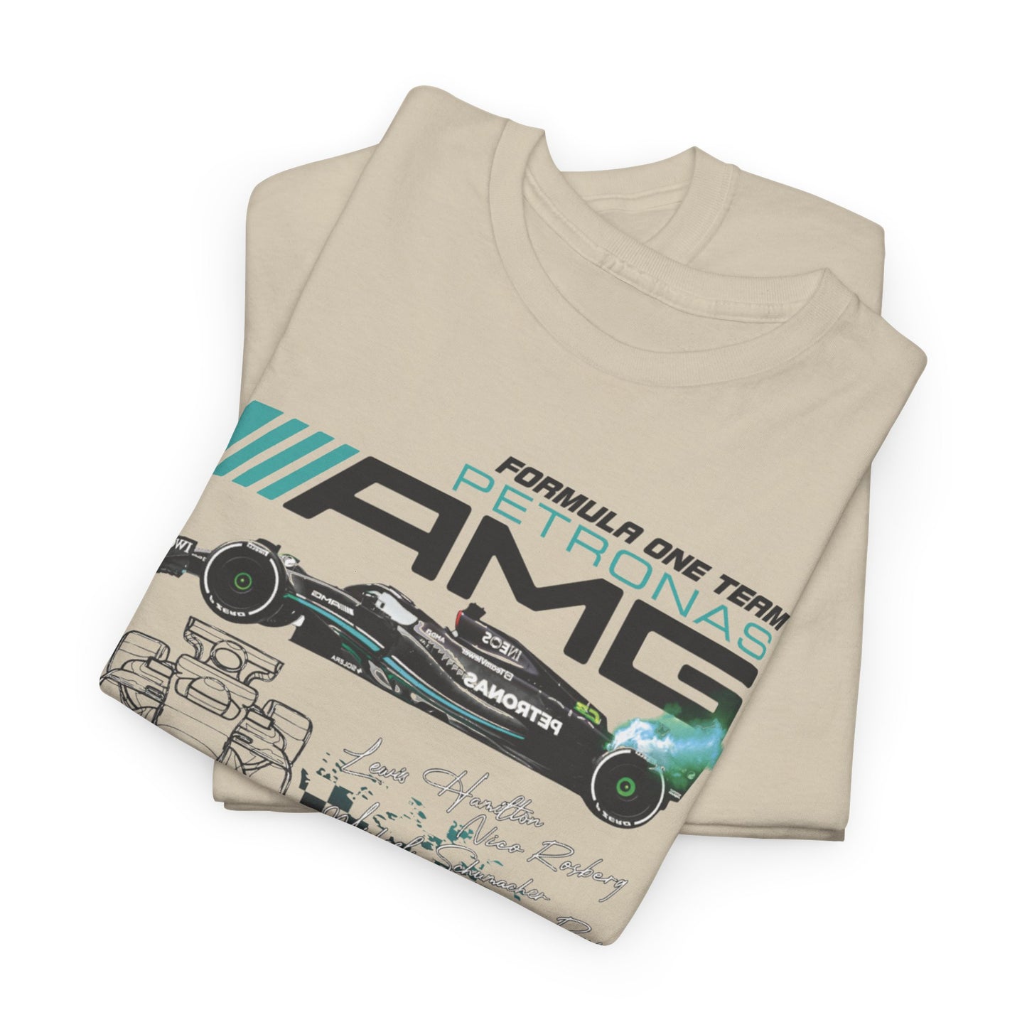 Artfully folded men's F1 Mercedes AMG Petronas T-shirt in soft cream, featuring eye-catching race car imagery and famous driver signatures, ideal for refined fashion enthusiasts.