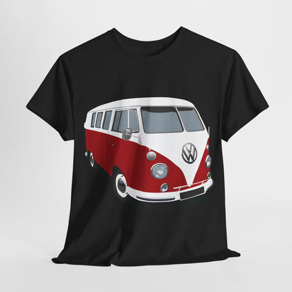 VW Camper Van Graphic T-Shirt Urban Unisex Cotton Tee showcasing a stylishly illustrated vintage red and white Volkswagen Bus on a black background, perfect for passionate adventurers and retro enthusiasts.