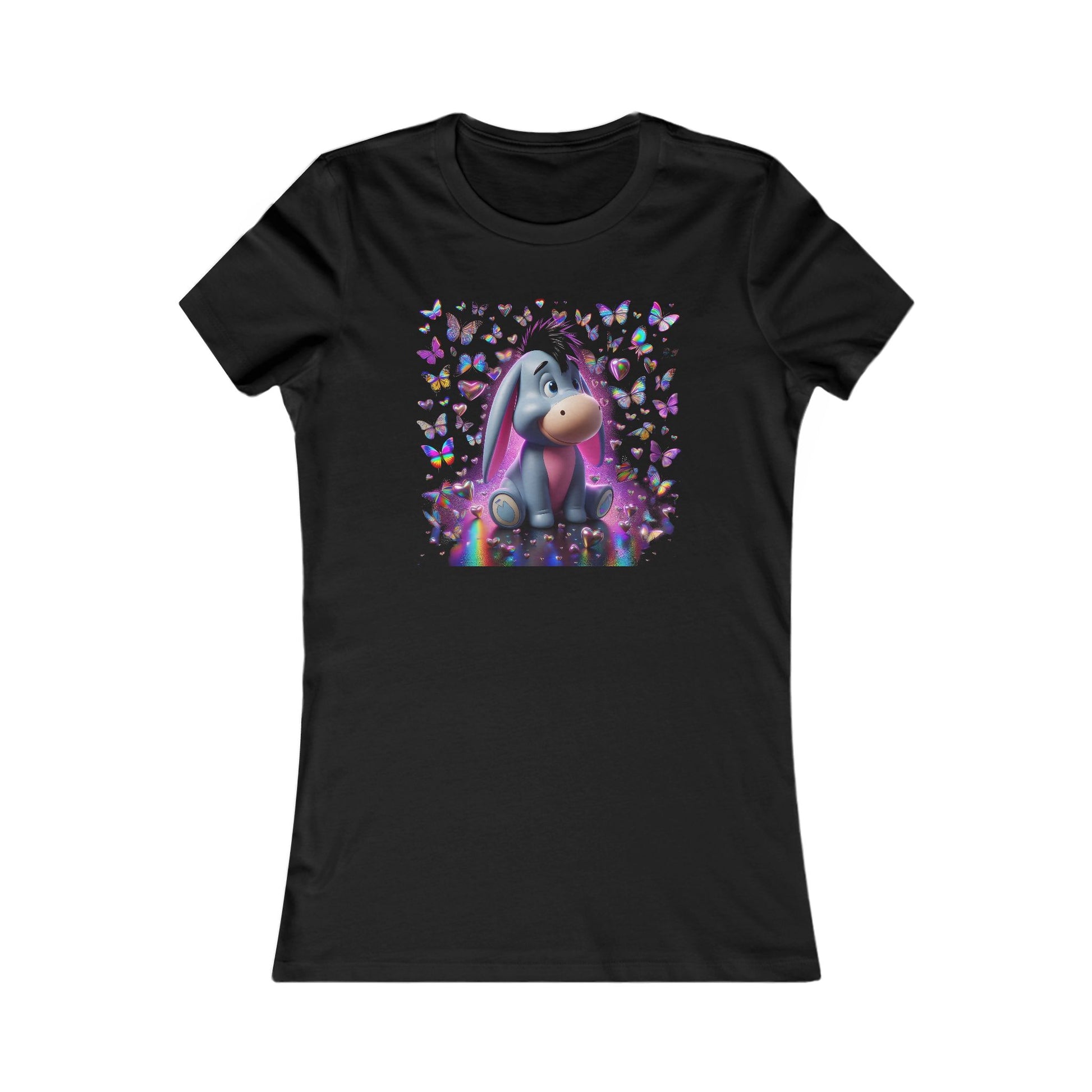 Elegant Iridescent Magic Eeyore Women's Cotton T Shirt Tee featuring a charming cartoon Eeyore amidst a backdrop of iridescent butterflies and glimmering hearts, perfectly embodying whimsy and creativity.