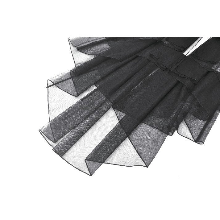 Close-up view of the intricate stud detailing on the shoulders of the Gothic Tiered Mesh Ruffle Dress by Dark in Love.