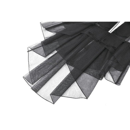 Close-up view of the intricate stud detailing on the shoulders of the Gothic Tiered Mesh Ruffle Dress by Dark in Love.