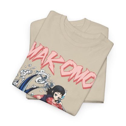 Stylish stack of beige Makomo T-shirts, displaying intricate anime art and vibrant typography, ideal for collectors and enthusiasts alike.