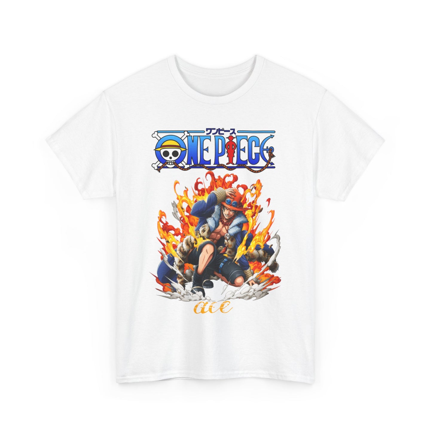 Luxurious Epic Ace Men's T-shirt featuring striking artwork of Ace surrounded by vibrant flames, perfect for anime enthusiasts.