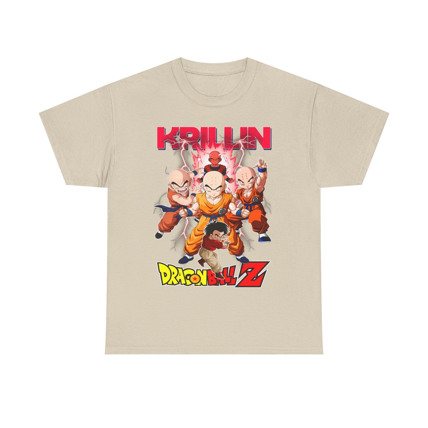 Chic cream Dragon Ball Z men's T-shirt featuring a bold 'KRILLIN' design with classic characters, surrounded by bursts of energy, a must-have for discerning fans who appreciate quality and style.