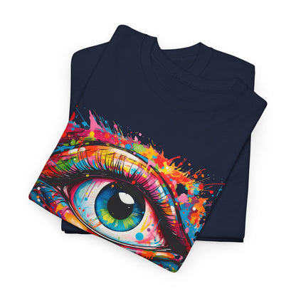 Visionary Drip Luxe Tee featuring an intricate graphic of a vibrant eye in bold colours, perfect for art enthusiasts and fashion lovers.