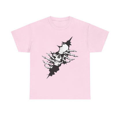 Unisex Ripped Skull Graphic Tee - Bold Black and White Design, Premium Quality presented in a soft pink shade featuring a prominent skull graphic, symbolizing defiance and individuality in a luxurious style.