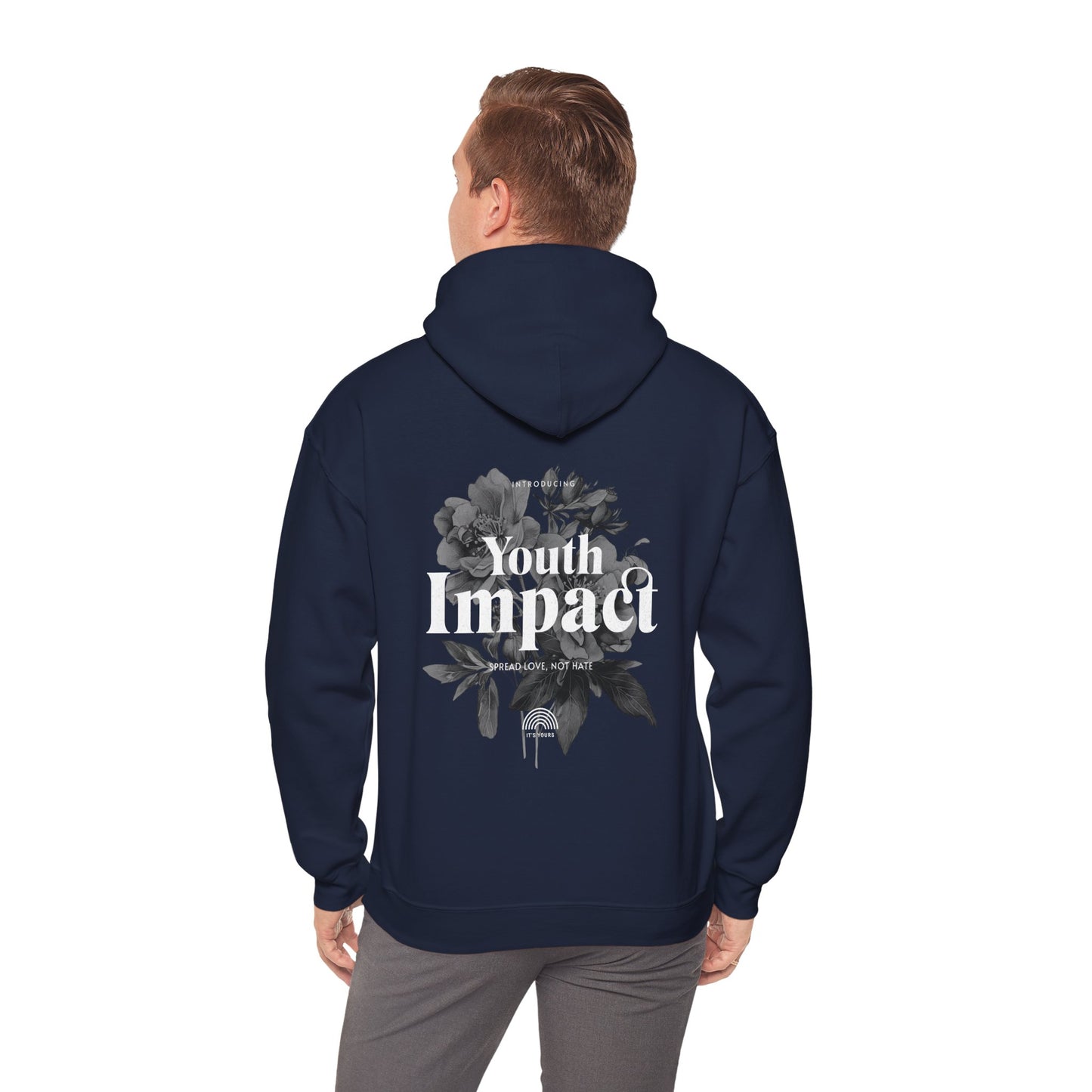 Fashionable navy hoodie worn by a model, highlighting the inspiring back print of 'Youth Impact' against a floral design, promoting a positive message.