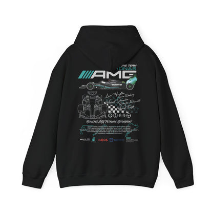 Elegant black hoodie adorned with the Mercedes AMG Petronas F1 Racing Team artwork, featuring bold graphics of a racing vehicle, team insignias, and inspiring phrases, perfect for fans of high-speed excitement.