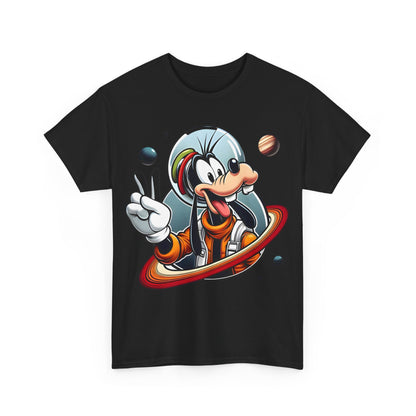 Blast Off with Goofy Astronaut Graphic Unisex Graphic Tee Shirt in black, featuring an illustration of Goofy in an orange space suit with playful gestures against a cosmic backdrop.