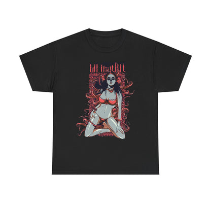 Elegant black graphic t-shirt displaying a captivating La Muerte sugar skull design with a confident figure in alluring red lingerie, framed by ornate decorative elements.