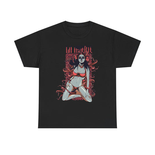 Men's stylish black t-shirt showcasing a dramatic La Muerte sugar skull artwork, highlighting a confident female figure adorned in red lingerie amidst decorative elements.