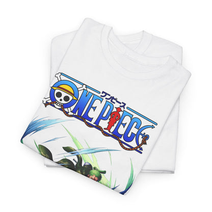 Artfully folded white t-shirt featuring the One Piece logo and Zoro's striking illustration, showcasing premium fabric for ultimate comfort.