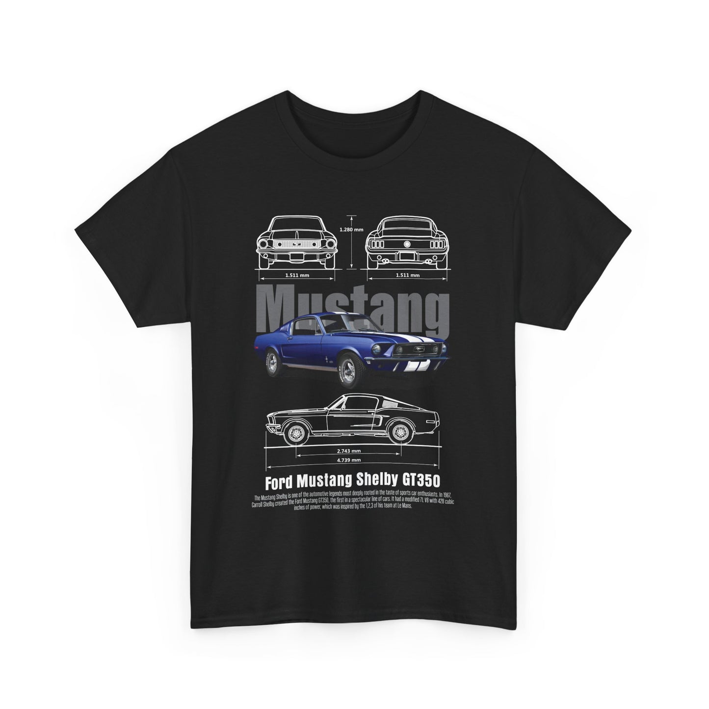 Front view of a premium black men's T-shirt featuring a graphic design of the Ford Mustang Shelby GT350, highlighting its iconic features and specifications.