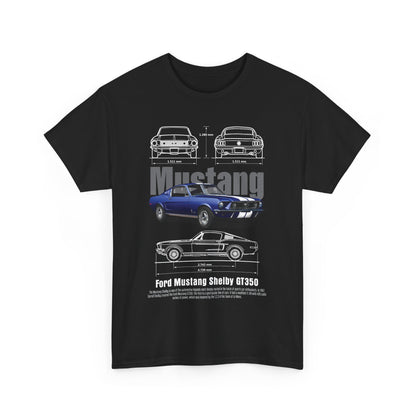 Men's black t-shirt displaying an artistic representation of the Ford Mustang Shelby GT350, complete with specifications and bold typography.