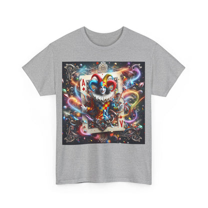 Harlequin Playing Card Graphic Tee for Unisex - Front view featuring a vibrant harlequin pattern and playing card graphic, a blend of classic charm and contemporary style.
