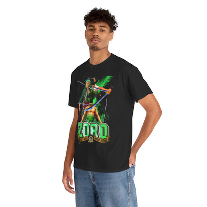 Luxury black t-shirt featuring an intricate graphic of Zoro from One Piece, showcasing stunning vibrant colours and detailed design, perfect for anime enthusiasts.
