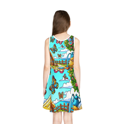 Sophia Peppermint Girls Rainbow Sundress featuring vibrant cartoon butterflies and floral patterns on a blissful sky-blue background, perfect for enhancing summer adventures with luxury comfort.
