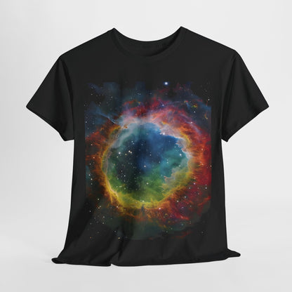 Luxury The Ring Nebula Graphic T-Shirt showcasing a stunning cosmic design on a soft cotton tee, vibrant with colour swirls and stars, perfect for astronomy enthusiasts.