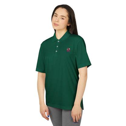 Model wearing the Adidas Unisex Performance Polo Shirt in green, highlighting the eco-friendly design and classic 3-button placket.