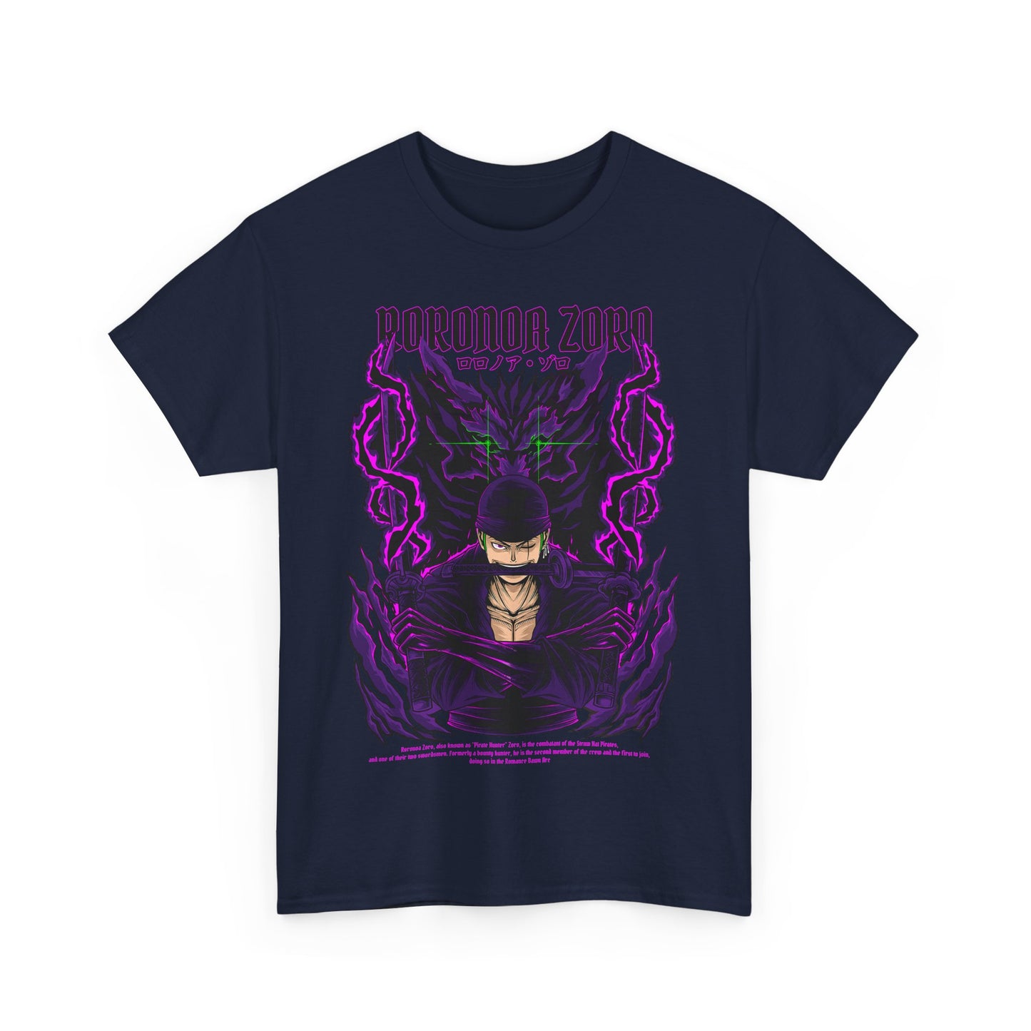 Luxury navy graphic tee featuring Roronoa Zoro, a prominent anime character, illustrated with a dramatic design of swirling purple energy and dual swords, elevating your anime fashion statement.