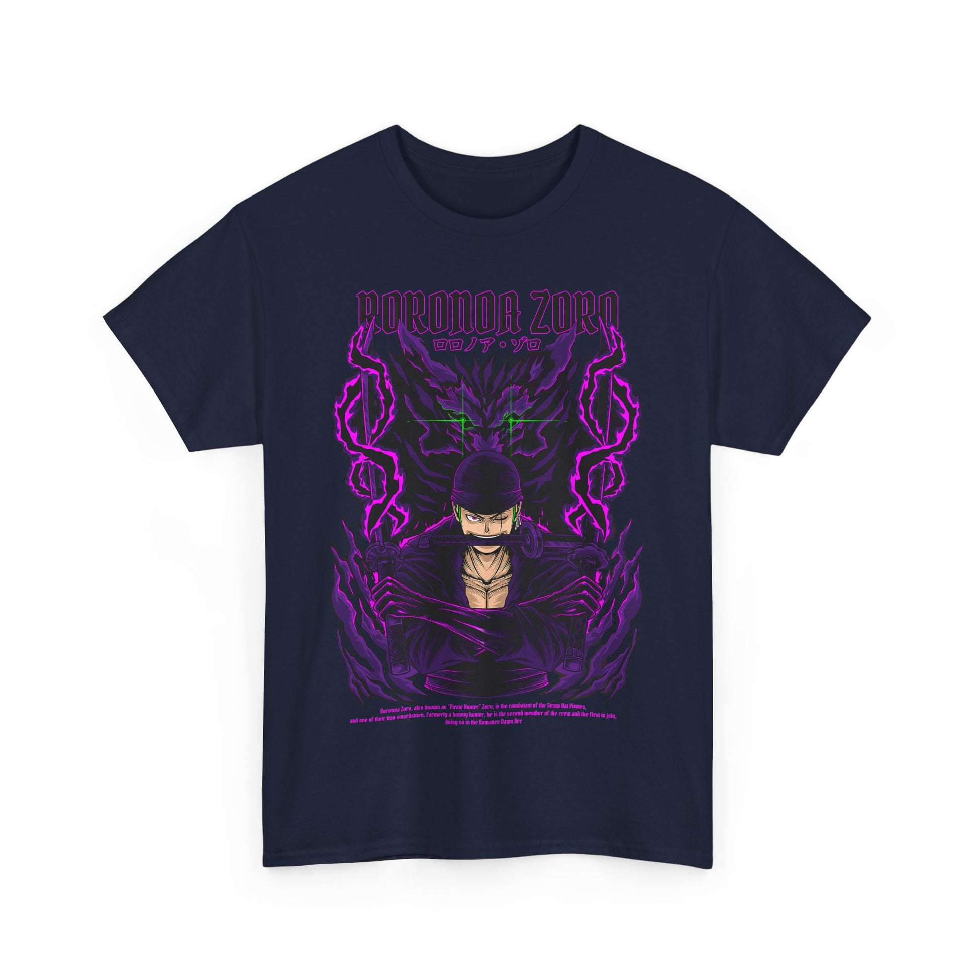 Luxury navy graphic tee featuring Roronoa Zoro, a prominent anime character, illustrated with a dramatic design of swirling purple energy and dual swords, elevating your anime fashion statement.